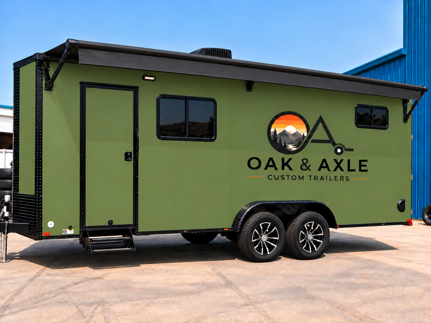 Flagship, the next Oak and Axle model, with green exterior panels, black and silver wheels, and the Oak and Axle logo