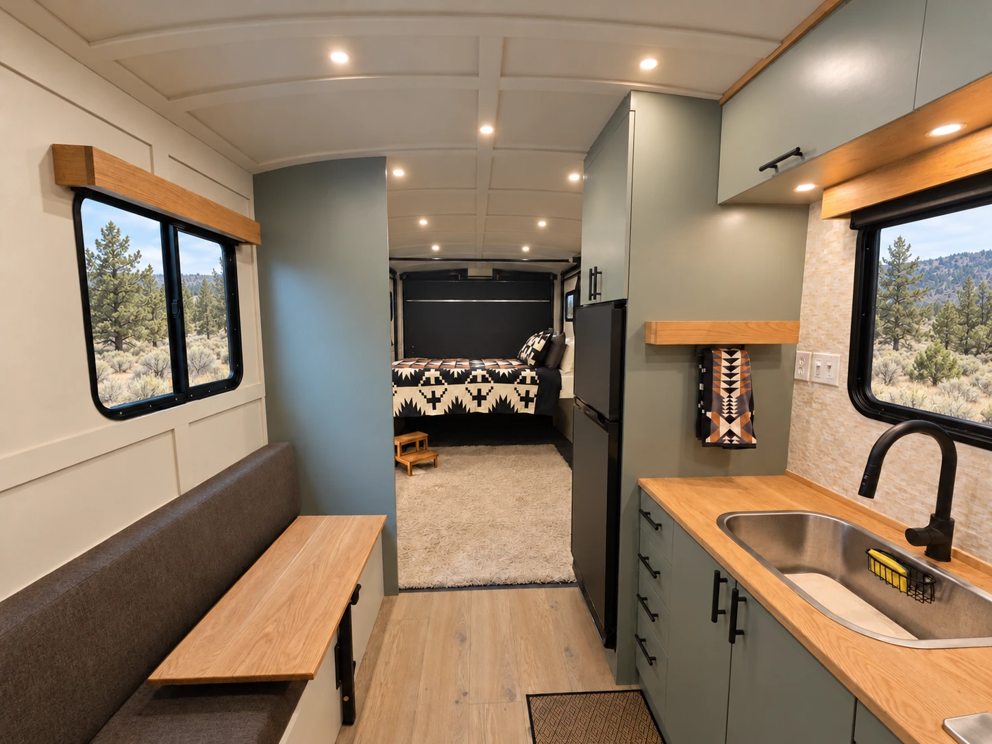 Inside Rough Draft, with a wood-topped kitchen, upholstered dinette, and rear sleeping area